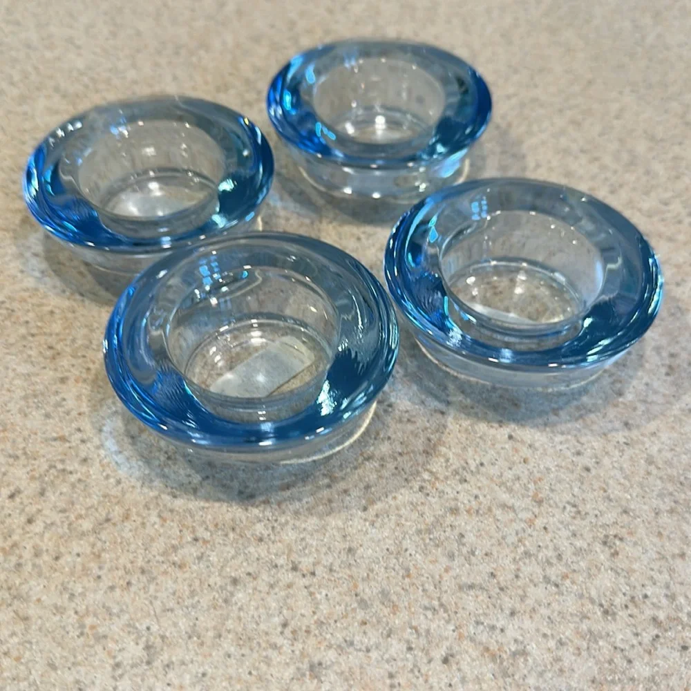 4 IKEA Retro Style Chunky Transparent Blue Glass Tea Light Candle Holders
